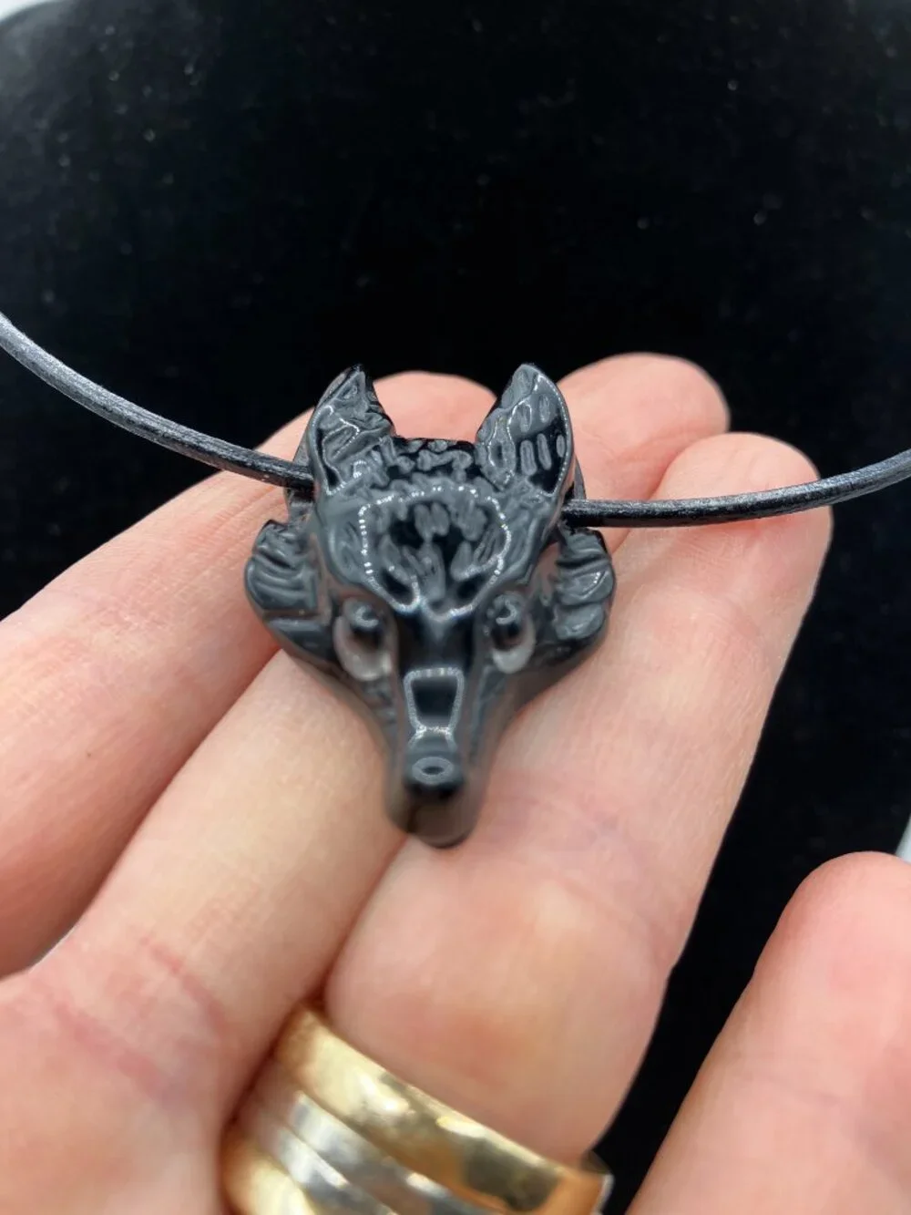 Wolf Black Obsidian Gemstone hand carved Wolf Head Choker Genuine Leather NEW